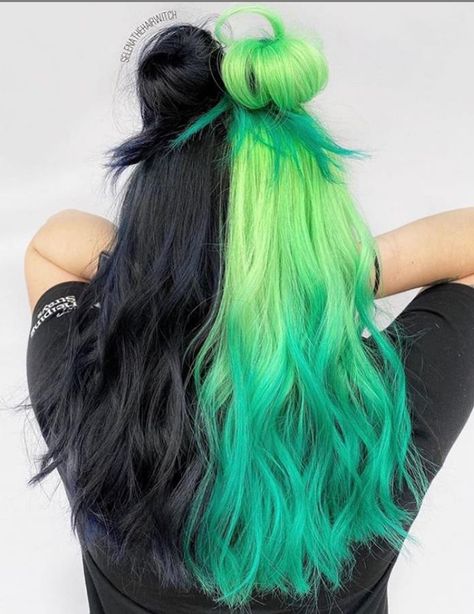 A women's lifestyle destination dedicated to style, entertainment, love, and living beautifully. Green And Black Hair, Split Dye Hair, Split Dye, Split Dyed Hair, Mystery Machine, Colourful Hair, Hair Color Streaks, Dye Hair, Hair Streaks