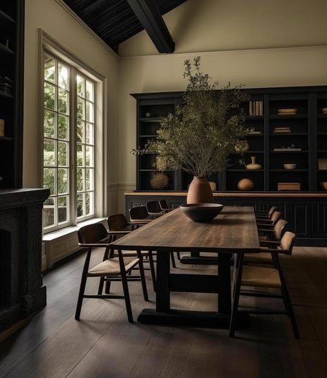 Anthology Creative Studio, Dark Wood Dining Room, Restoration Hardware Dining Room, Moody Dining Room, Moody Interior Design, Dark Interior Design, Dark Dining Room, Neutral Dining Room, Interior Design Dining