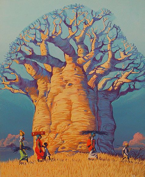 Angus McBride_The Boabab Tree Mystery Art, Image Zen, African Tree, Baobab Tree, Art Poetry, African Artists, Unique Trees, Painting Artist, Tree Illustration