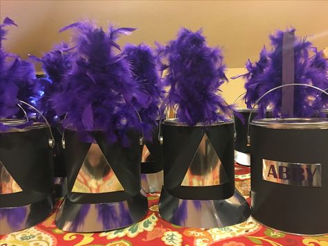 Senior band gifts! Paint buckets copied after their current uniform/shako. Senior Night Gifts Band, Marching Band Gifts Diy, Marching Band Gift Basket, Senior Marching Band Gifts, Senior Night Band Gift Ideas, Senior Band Night Ideas, Senior Band Gift Ideas, Marching Band Gifts Senior, Band Centerpiece Ideas