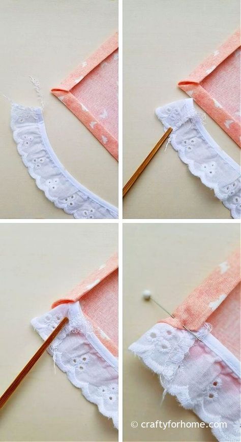 Pinning lace trim on the cloth napkin. Diy Lace Trim, Lace Placemats, Lace Sewing, Diy Napkins, Sewing Lace, Fabric Napkin, Beginner Sewing, Beginner Sewing Projects Easy, Vintage Cloth