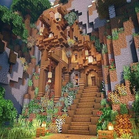 Mob Grinder Minecraft Aesthetic, Mountainside House Minecraft, Minecraft Cliff House, Minecraft Mountain House, Minecraft Mountain, Case Minecraft, Minecraft Steampunk, Mc Builds, Rumah Minecraft Sederhana