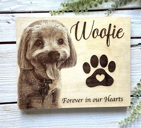 Pet portrait engraved wood block, pet memorial, cat, dog photo memory, pet portrait etched wood plaque  #art #cat #dog #pet #portrait Family Pet Portraits, Laser Engraved Ideas, Dog Photo, Pet Memorial Gifts, Photo Engraving, Wood Plaques, Engraved Wood, Pet Memorial, Picture On Wood