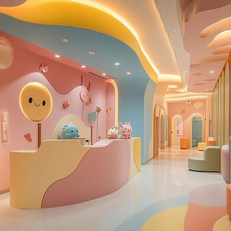 ▪️Designed by Idot A cute and charming pastel-toned children’s hospital concept interior.🐰🏥 귀엽고 사랑스러운 파스텔톤 어린이 병원 컨셉 인테리어 #상업인테리어 #상업공간인테리어 #소아과인테리어 #병원인테리어 #아이닷인테리어 Pastel Shop Interior, Two Tone Kids Room, Baby Store Interior Design, Pediatric Interior Design, Kindergarden Decoration Room, Kids Clinic Interior Design, Kids Hospital Design, Playground Interior Design, Pediatric Hospital Design