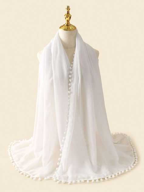 Pom Pom Trim Scarf | SHEIN USA Trim Scarf, Plain Scarves, Linen Scarf, Indian Gowns Dresses, Linen Scarves, White Scarves, Indian Gowns, Pom Pom Trim, Plain White