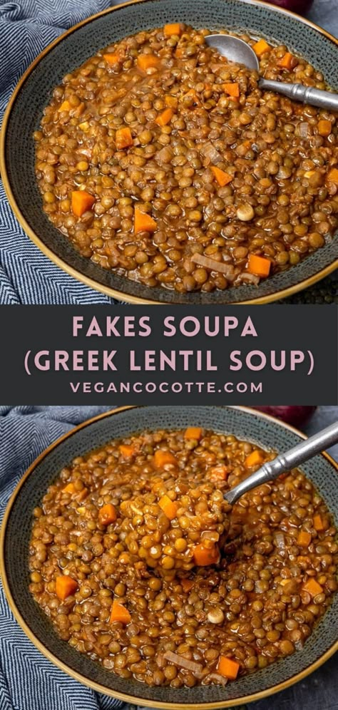 Fakes Soupa (Greek Lentil Soup) Lentil Recipes Easy Soup, Fakes Lentil Soup, Greek Lentils Recipe, Bulgarian Lentil Soup, Greek Fakes Lentil Soup, Greek Red Lentil Soup, Lentil Soup Greek, Greek Lentil Recipes, Lentil Soup Without Tomatoes