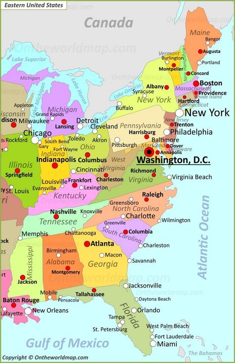 Map Of Eastern U.S. East Coast Map Usa, Map Of East Coast, Usa Map With States, Universe Map, Us States Map, East Coast Map, Usa States Map, Lake Huron Michigan, United States Of America Map