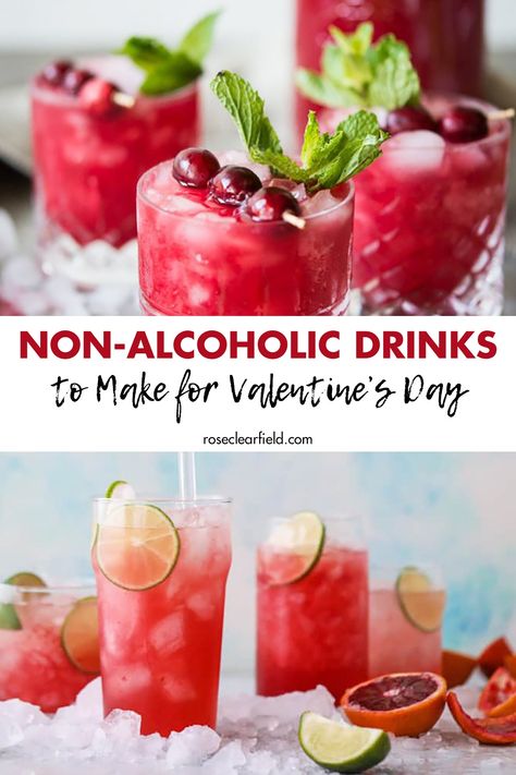 A collection of more than two dozen non-alcoholic drink recipes that are perfect for Valentine's Day! Punch, hot chocolate, virgin cocktails, and much more. #nonalcoholic #virgindrinks #drinkrecipes Valentines Day Virgin Cocktails, Valentines Day Mocktails Non Alcoholic, Valentine’s Day Punch Non Alcoholic, Non Alcoholic Valentines Drinks, Valentine Drinks Nonalcoholic, Red Non Alcoholic Drinks, Valentines Punch Recipes Non Alcoholic, Valentine Mocktail, Valentine Punch