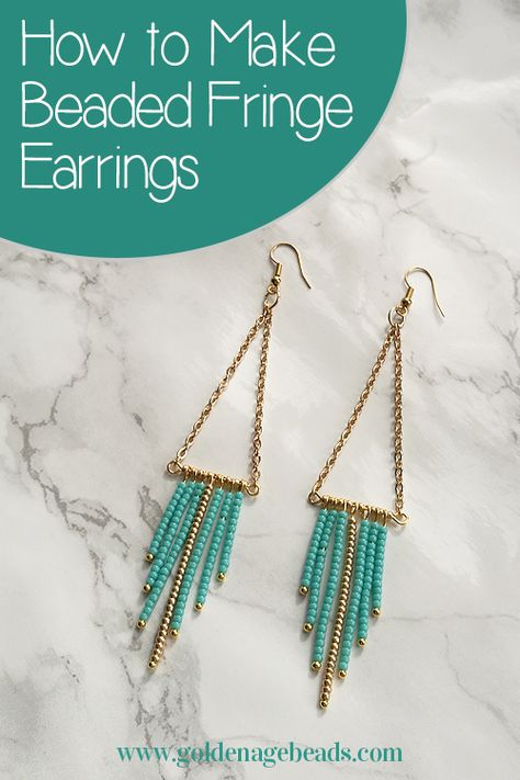 Beaded Fringe Earrings Tutorial - find out how to make these pretty earrings using seed beads, gold tone findings and chain! Beaded Fringe Earrings Tutorial, Fringe Earrings Tutorial, Seed Bead Tutorials, Earrings Tutorial, Beaded Fringe Earrings, Beaded Earrings Tutorials, Beaded Earrings Diy, Seed Bead Tutorial, Beaded Earrings Patterns