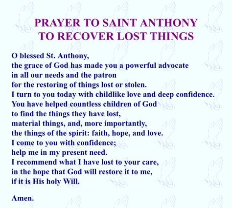 Prayer to Saint Anthony for lost and stoles items Prayer To Find Lost Items, Prayer To St Anthony For Lost Things, Saint Anthony Prayer, St Anthony Prayer Lost, St Anthony Miracle Prayer, Daily Examen, St Anthony Prayer, Catholic Prayers Daily, Saint Philomena