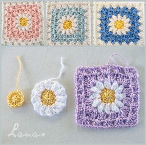 (Crochet * Stash-buster)             A baby blanket in granny squares with a daisy in the center.   Una manta de bebé hecha con cuadros de... Granny Square Applique, Crochet Daisies, Daisy Blanket, Blanket Squares, Crocheted Squares, Squares Crochet, Granny Square Crochet Patterns Free, Crochet Daisy, Crochet Square Patterns