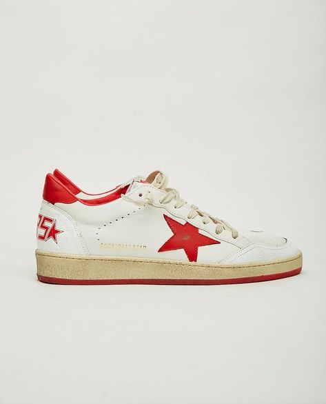 The Ball Star sneaker in white & red by Golden Goose. Basketball heritage and 90's vintage inspiration are the elements defining the iconic style of the Ball Star. This version is a style statement with red details that go perfectly with the lining, which is also red. Store ID: G36 MS592 A5 Upper: 84% goatskin leather, 8% polyester, 1% nylon, 1% elastane Lining: 40% cowhide leather, 33% cotton, 27% polyester Sole: 100% rubber Made in Italy Golden Goose Ball Star, Red Details, Vintage Inspiration, Iconic Style, Star Sneakers, Sneakers Outfit, Style Statement, Golden Goose, Sneakers White