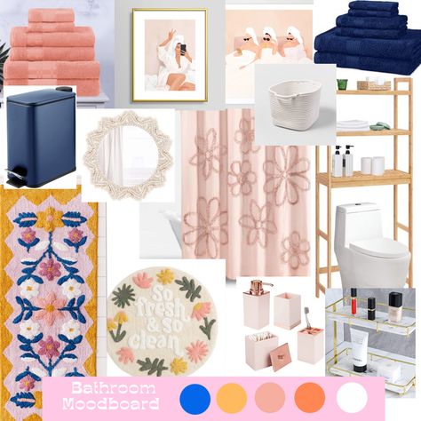 Orange And Pink Bathroom Ideas, Bathroom Ideas Teenage Girl, Blue And Pink Bathroom, Bright Bathroom Ideas, Pink And Blue Bathroom, Pink And Orange Bathroom, Blue Small Bathrooms, Guest Restroom, Texas Apartment