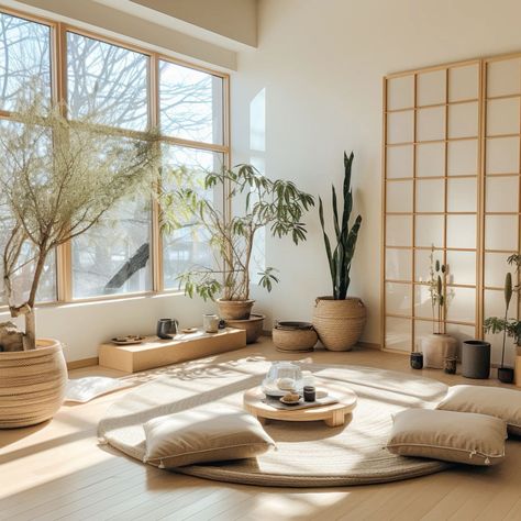 Small Meditation Room, Sala Zen, Home Yoga Room, Japanese Living Room, Japandi Interior Design, Zen Interiors, Japandi Interiors, Japandi Home, Yoga Studio Design