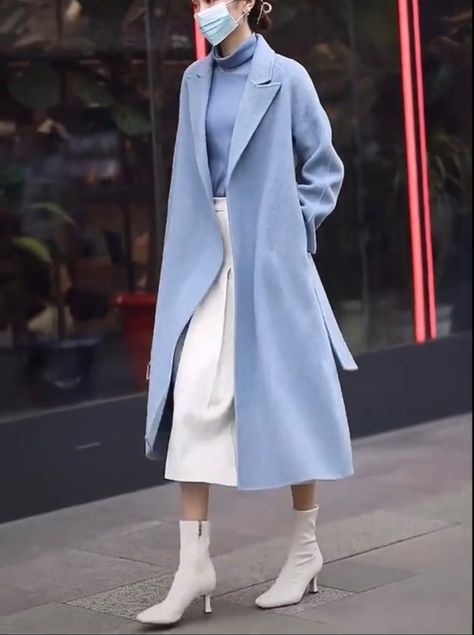 Ethereal Winter Outfit, Dusty Blue Outfit, Pale Blue Outfit, Light Blue Coat Outfit, Blue Coat Outfit, Peacoat Outfit, Boston Aesthetic, Light Blue Coat, Raincoat Outfit