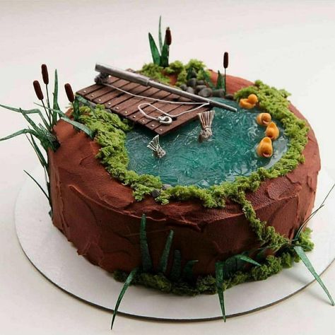 Pond Cake Ideas, Fishing Birthday Cake, Pond Cake, Fish Cake Birthday, Fishing Cake, Cartoon Cake, Birthday Cake Chocolate, Creative Desserts, Baking Business