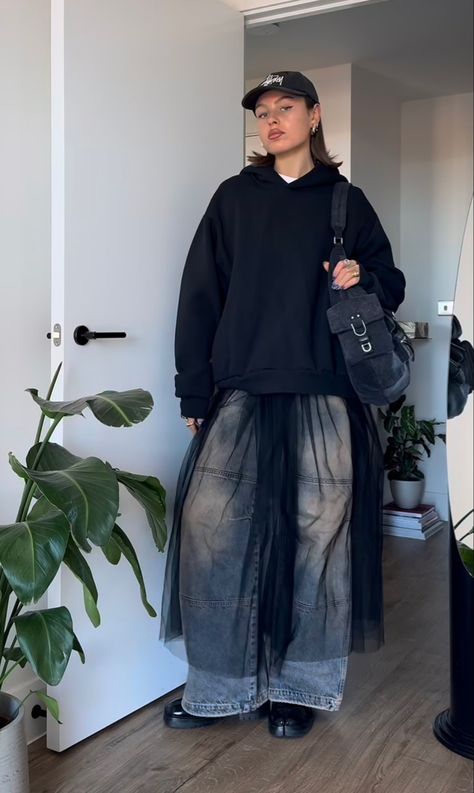 Mesh Dress Over Jeans, Layering Outfits Midsize, Layering Top Outfit, Black Midi Leather Skirt Outfit, Fall Maximalist Outfit, Mascfem Outfit, Outfits For 40 Degree Weather, Queer Club Outfits, Big Skirt Outfit