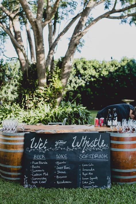 Mango Hill Farm wedding QLD - Luke Going Photography                                                                                                                                                      More Wedding Sign Arrangement, Wine Barrel Bar Wedding, Diy Wine Barrel Bar, Beer And Wine Wedding Bar Set Up, Diy Bar Wedding, Gin Bar Wedding, Bar Ideas For Wedding, Bar Arrangement, Wedding Bars