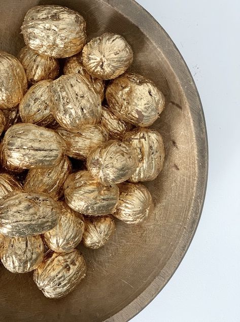 Gilded Walnuts - MY WEATHERED HOME Gilded Walnut Ornaments, Walnut Diy Crafts, Walnut Ornaments Diy, Walnut Crafts, Cedar Chips, Wax Paper, Thanksgiving Crafts, Yule, Ornaments Diy