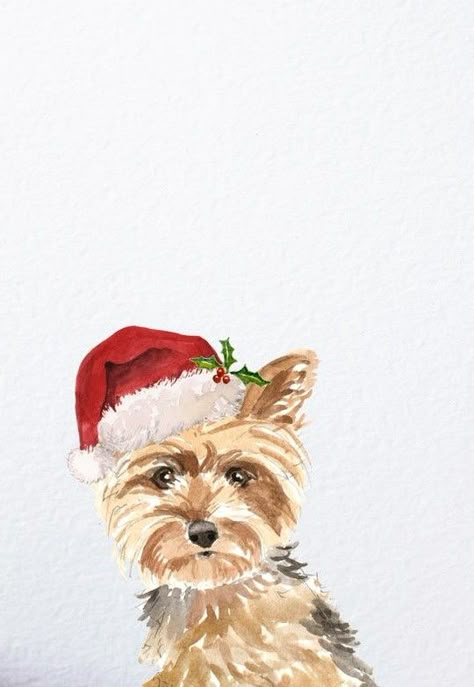 Christmas Card Ideas Animals, Watercolor Dog Christmas Card, Christmas Dog Watercolor, Dog Christmas Cards Ideas, Christmas Dog Painting, Christmas Yorkie, Happy Birthday Art, Dog Christmas Card, Xmas Wallpaper