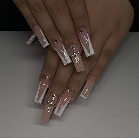 Coffin French Tip Nails With Rhinestones, Nude Acrylic Nails With Rhinestones, French Tip Acrylic Nails With Rhinestone, French Tips With Rhinestones, French Tip With Rhinestones, Flamingo Nails, Acrylic Nails Nude, Nails With Rhinestones, Long Acrylic Nail Designs