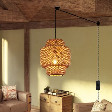 Bamboo Chandelier Bedroom, Bamboo Hanging Lamp, Hanging Ceiling Lamp Living Room, Hanging Lights In Living Room Ceilings, Plug In Chandelier Living Room, Plug In Ceiling Light Living Room, Hanging Lamp Plug In, Hanging Lights In Living Room Corner, Hanging Lights In Bedroom Ceilings