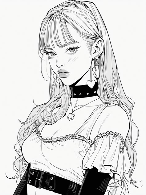 Illustration Character Design Woman, Drawings Of Kpop Idols, This Or That Fashion, Coloring Fashion Sketches, Kpop Colouring Pages, Kpop Coloring Pages, How To Colour Hair, Colouring In, Idol Drawing