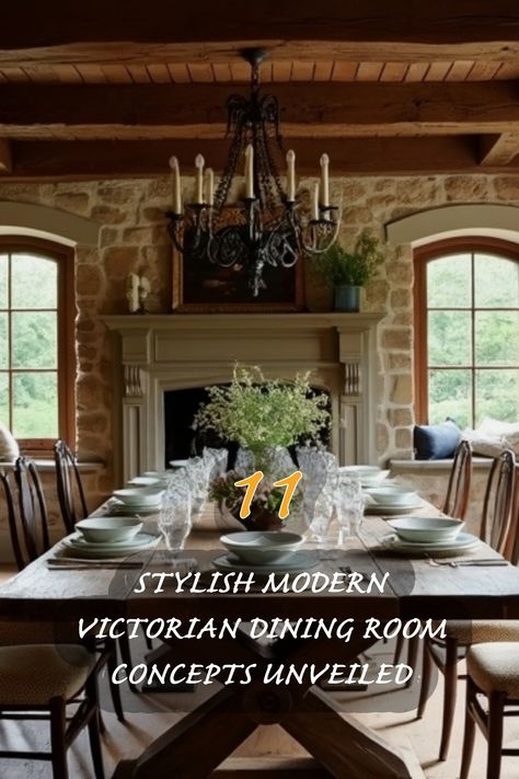 Discover the perfect blend of modern aesthetics and classic Victorian charm in this stunning dining room. With its rustic stone walls, elegant chandelier, and beautifully set table, it creates an inviting atmosphere for gatherings. The combination of natural light and carefully chosen decor elements adds warmth and sophistication. Let this inspire your next dining space transformation! Modern Victorian Dining Room Ideas, Vintage Glam Dining Room, Vintage Dining Room Ideas, Victorian Dining Room Ideas, Modern Victorian Dining Room, Southern Dining Room, Modern Vintage Dining Room, Modern Victorian Bedroom Ideas, Old World Dining Room