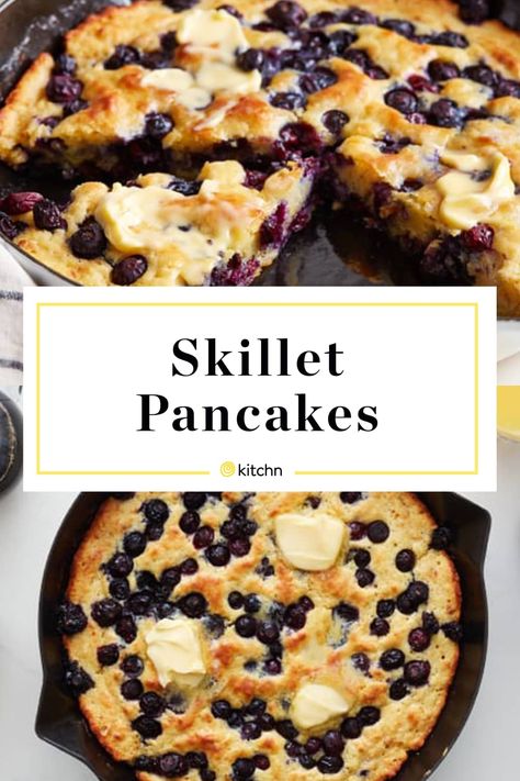 Skillet Pancake Cast Iron, Puff Oven Pancake, Giant Oven Baked Pancake, Puffy Oven Pancake, Giant Pancake Recipe, Skillet Blueberry Pancake, Oven Baked Blueberry Pancake, Giant Pancake, Pancake Oven Baked