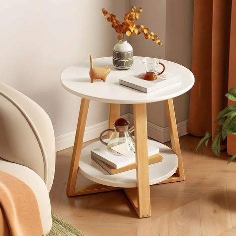 Amazon.com: KWOKING Round Wood End Table Natural Four-Legs Base Sofa Side Table Coffee Table Small Table Small Apartment Bedside Shelf Round Table White Table Top with 1 Shelf 15.7" L x 15.7" W x 23.6" H : Home & Kitchen Side Table In Living Room, Table In Living Room, Shelf Round, Bedside Shelf, Coffee Table Kitchen, Wood End Table, White Table Top, Small Side Table, Small Coffee Table