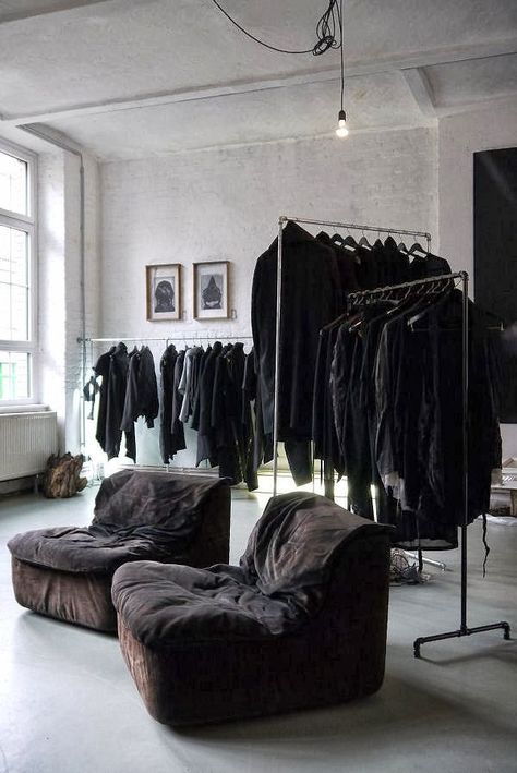 vosgesparis: X X X BERLIN | Black Fashion Multi-Label store Couch, Living Room, Wall, Furniture, Clothes, Black