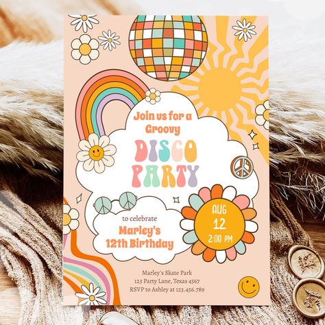 Groovy Party Invitations, 70s Themed 30th Birthday Party, Retro Bday Party, Groovy Invitations, Groovy Disco Party, Retro Birthday Party, 70s Daisy, Retro Bachelorette, Disco Birthday