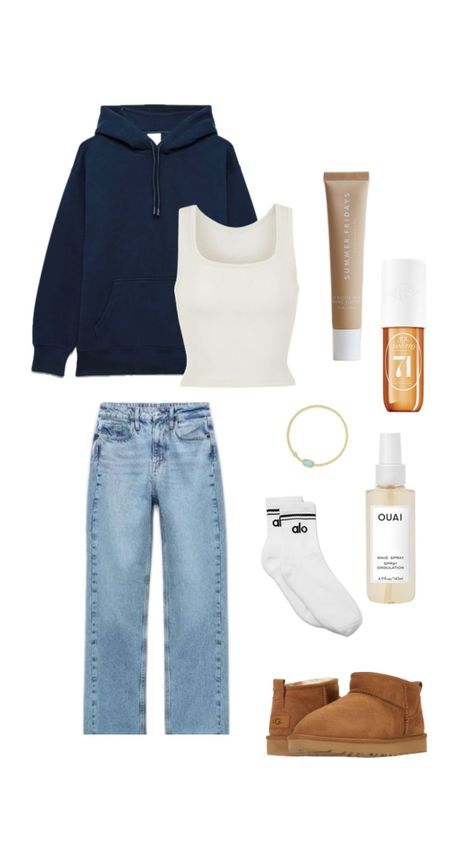 comfy fall / winter outfit Blue Comfy Outfit, Alo Socks, Ugg Mini Outfit, Ugg Minis, Blue Hoodie Outfit, Mini Uggs Outfit, Summer Fridays Lip Balm, Summer Fridays Lip, Comfy Fall Outfits