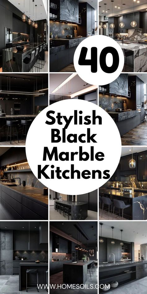 Discover 40 stylish black marble kitchen designs that exude elegance and luxury. From countertops to backsplashes, these kitchens feature bold black marble accents that create a sleek, modern aesthetic. Click here for design inspiration and tips to elevate your kitchen with black marble! Black Marble Countertops With White Cabinets, Black And White Marble Backsplash, Black Kitchen Cabinets With Marble Countertops, Black Granite Kitchen Island, Black Kitchen Countertops And Backsplash, Black Marble Countertops Kitchen, Black Marble Kitchen Countertops, Black Countertop Backsplash Ideas, Kitchen With Black Marble