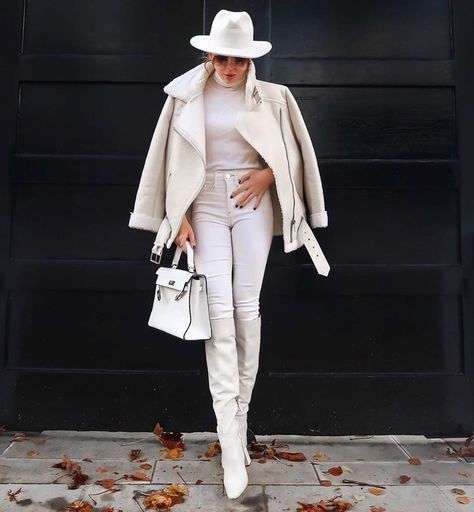 All White Boots Outfit, Vanilla Boots Outfit, Off White Knee High Boots Outfit, Tall White Boots Outfit Fall, Tall White Boots Outfit Winter, White Over The Knee Boots Outfit, Leather Leggings White Boots, White Leather Jacket Outfit Winter, Outfits With Cream Boots