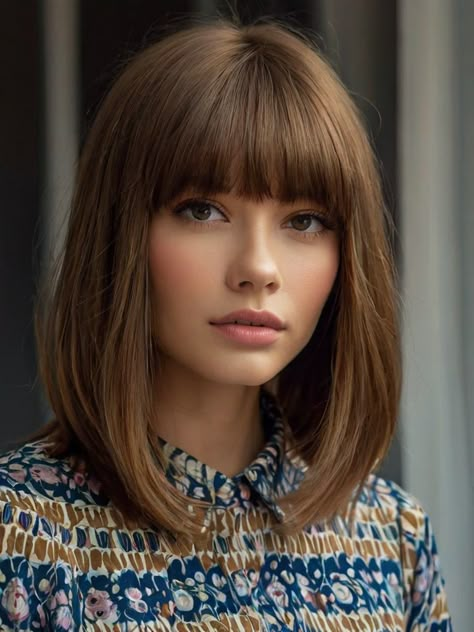 Lob With Full Fringe, Mom Haircut With Bangs, Long Bob Fringe, Long Bob Mit Pony, Brunette Long Bob, Long Bob Fine Hair, Long Bob Hairstyles With Bangs, Lob With Fringe, Long Bob With Fringe