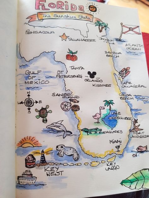 A little painted map of Florida Florida Scrapbook Ideas, Florida Drawing Ideas, Florida Doodles, Florida Crafts, Painted Map, Florida Keys Travel, Organized Notes, Diy Map, Florida Tattoos