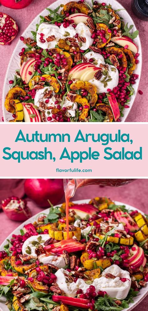 This autumn salad recipe is a healthy, easy dish perfect for the season. Ideal as a Thanksgiving salad, it’s an autumn salad filled with flavors of apple, squash, pomegranate, and creamy burrata. This fall salad and fall harvest salad brings out the best of autumn with every bite. If you’re looking for a fresh pomegranate salad or salad with pomegranate, this recipe will be a hit! Autumn Arugula Salad, Fall Burrata Salad, Best Fall Salads, Arugula Salad Ideas, Pork Side Dishes, Mediterranean Salads, Protein Salads, Fall Harvest Salad, Pomegranate Vinaigrette