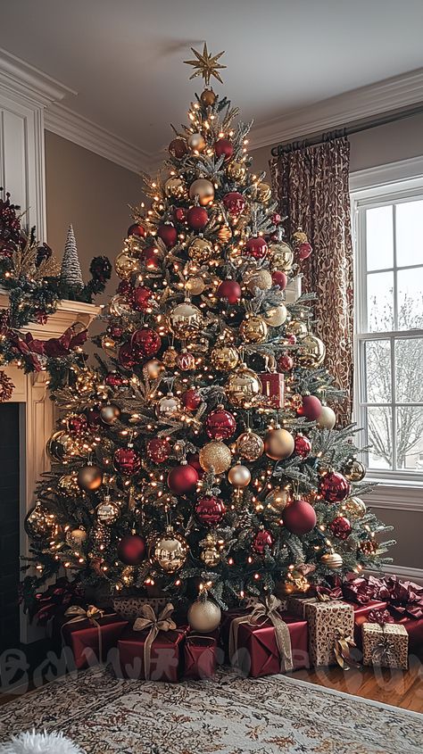 🎄�✨ Dive into the festive spirit with this magnificent Christmas tree adorned in classic red and gold hues. The shimmering ornaments and twinkling lights create a warm, cozy atmosphere. Perfect for creating magical holiday moments! 🎁🎇 #Christmas #holiday #decor #festive #cozy #red #gold #lights #ornaments #holidayvibes #home #inspiration 🏠🎅❤️ Christmas Decor Ideas Tinsel, Gold And Red Xmas Tree, Christmas Aesthetic Red And Gold, Gold Red Christmas Decorations, Red Gold Ornaments Christmas Tree, Christmas Tree Decorations Classic, Red And Gold Christmas Living Room, Red Gold Christmas Tree Decoration, Dream Christmas Decor