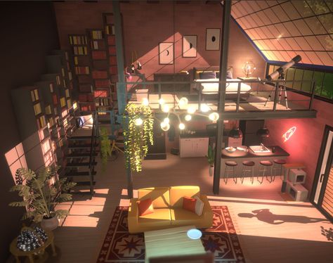 Sims Loft House Layouts, Sims Room Layout, Sims Design, Sims 4 Floorplan Loft, Sims Loft House, Paralives Game, Aesthetic Sims 4 House Interior, Sims 4 Aesthetic Apartment, Sims 4 Base Game Loft House