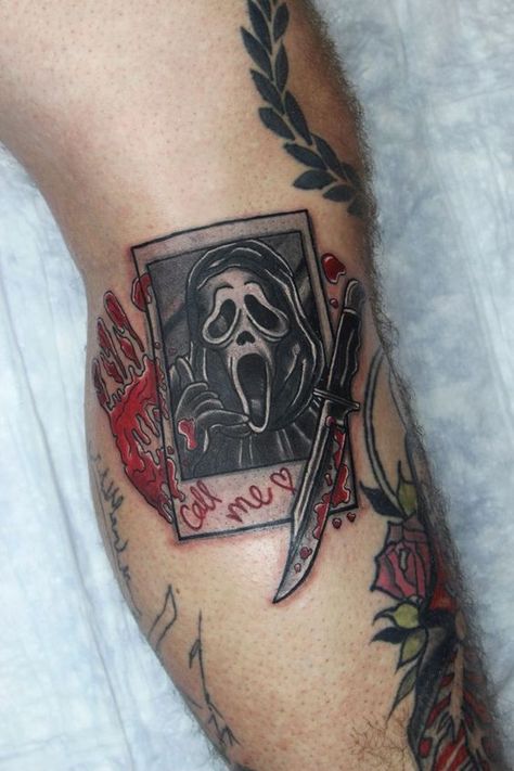 Ghostface Tattoo. Ghostface Tattoo, Halloween Tattoos Sleeve, Horror Movie Tattoos, Movie Tattoo, Movie Tattoos, Scary Tattoos, Creepy Tattoos, Spooky Tattoos, Stylist Tattoos