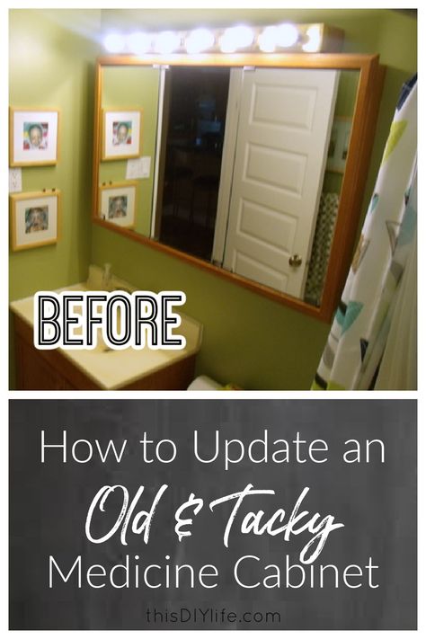 Builder basic to beautiful: our medicine cabinet makeover DIY. We took an old dated medicine cabinet and added classic modern elements to make it fresh and attractive. Here is how to update a medicine cabinet without replacing it! Medicine Cabinet Redo, Farmhouse Medicine Cabinets, Large Medicine Cabinet, Bathroom Medicine Cabinet Mirror, Medicine Cabinet Makeover, Vogue Decor, Old Medicine Cabinets, Bathroom Cabinet Makeover, Cabinet Makeover Diy