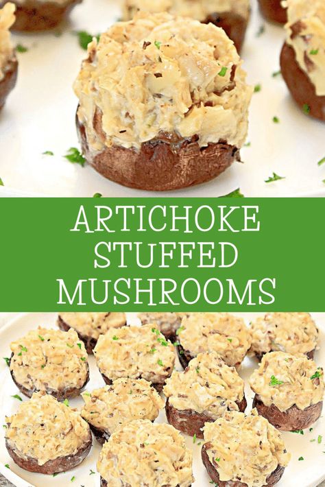 Artichoke Stuffed Mushrooms ~ An easy appetizer for holiday parties, game days, and everyday dinners at home! Stuffed Mushrooms Vegan, Artichoke Stuffed Mushrooms, Mushroom Recipes Vegan, Vegan Stuffed Mushrooms, Artichoke Stuffed, Everyday Dinners, Plant Based Snacks, Vegan Parmesan Cheese, Crowd Pleasing Appetizers