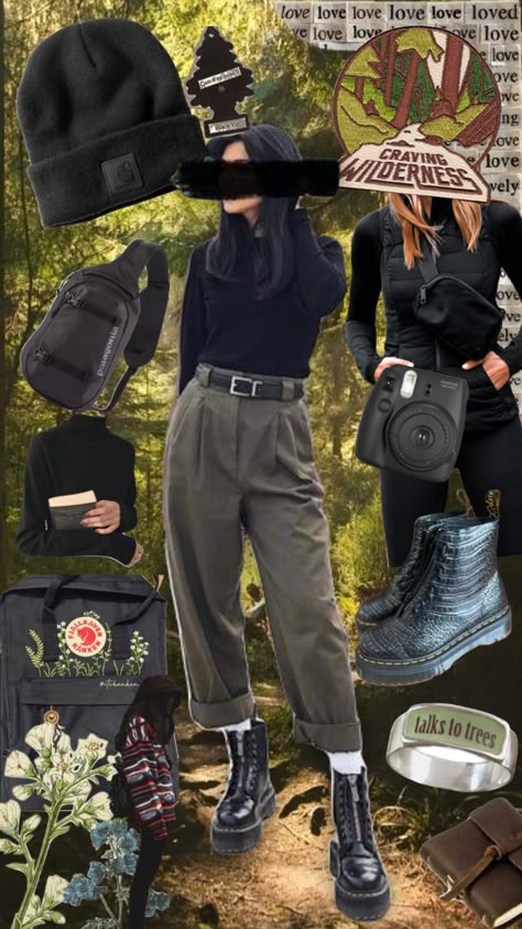 Granola Punk Aesthetic, Goth Grandma Aesthetic, Pnw Gothic Outfits, Granola Goth Aesthetic, Goth Hiking, Dark Granola Outfits, Goth Camping Outfit, Nature Goth Outfit, Goth Granola Aesthetic