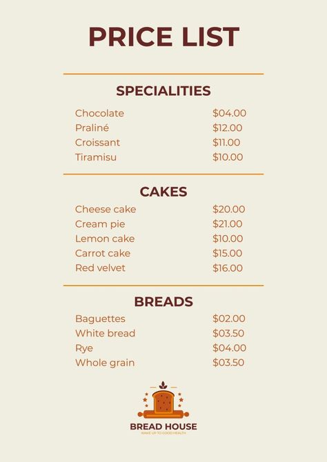 Hand-drawn Brown Fresh Bread Price List Baked Goods Price List, Cake Price List, Royal Icing Cakes, Price List Design, Small Business Instagram, Icing Cake, Bakery Menu, Price List Template, Cake Pricing