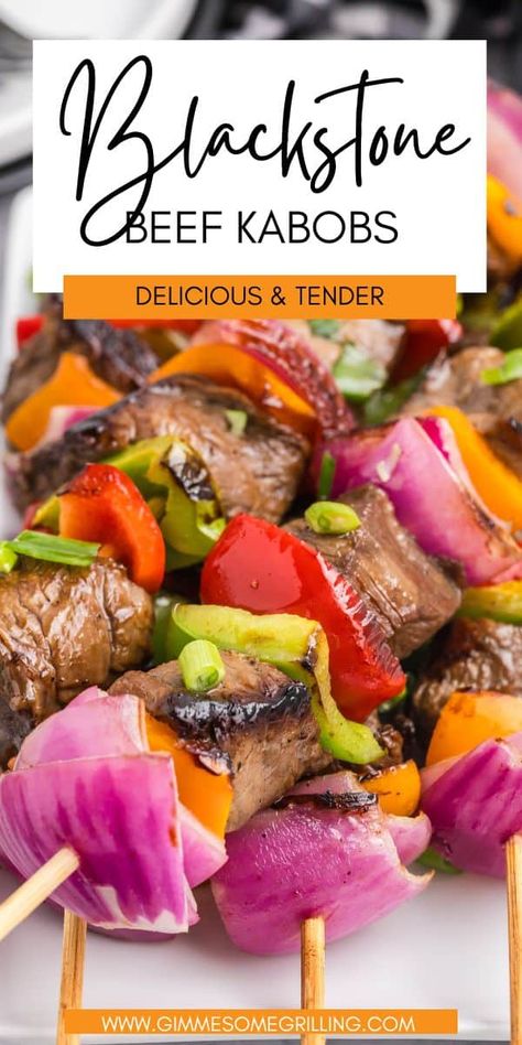 Impress your friends and family with these simple and flavorful Blackstone steak kabobs. With a delicious marinade these steak bites are so tender plus perfectly grilled vegetables! Follow our step-by-step guide to create mouthwatering kabobs that are perfect for an easy dinner on the Blackstone griddle. Steak Kabob Recipes, Steak Kabobs On The Grill, Small Bites Appetizers, Steak Kabobs, Beef Skewers, Beef Kabobs, Grilled Dinner, Kabob Recipes, Steak Bites