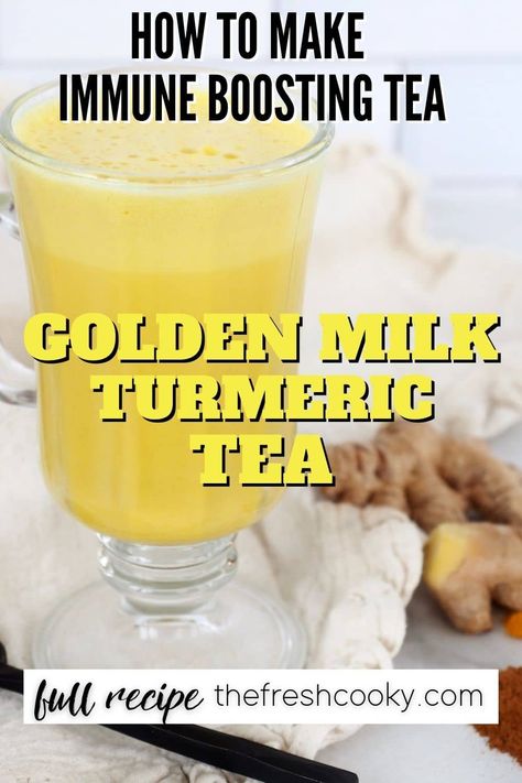 Golden Milk or turmeric tea recipe from The Fresh Cooky. Find the benefits and how to make this delicious, soothing, healthy, immune boosting, relaxing turmeric tea. #benefitsofturmeric #howtomakegoldenmilk Immunity Recipes, Turmeric And Ginger Tea, Immune Boosting Tea, Golden Milk Benefits, Ginger Tea Benefits, Curcumin Benefits, Golden Milk Recipe, Turmeric Tea Recipe, Turmeric And Ginger