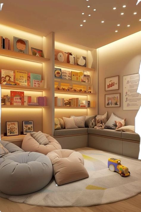 Playroom With Dark Furniture, Stylish Playroom Ideas, Playroom With Bookshelves, Grown Up Playroom Ideas, Children’s Playroom Idea, Grown Up Playroom, Playroom Age 5-8, Playroom Office Ideas, Basement Family Room Playroom