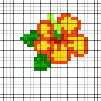 Hibiscus Perler Bead Pattern | Bead Sprites | Simple Fuse Bead Patterns Melty Bead Patterns, Beaded Things, Tiny Cross Stitch, Fuse Bead Patterns, Perler Bead Templates, Motifs Perler, Bead Sprite, Pola Kristik, Minecraft Pixel Art