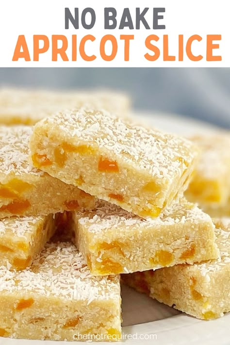 This apricot slice takes me back to my childhood! It's a super quick and easy no bake slice made using sweetened condensed milk, and it's packed with yummy dried apricots and coconut. Perfect for an afternoon treat or a school lunch box snack, the whole family will love this easy recipe. Even the big kids! No Bake Squares, Dried Apricot Recipes, No Bake Slice, Apricot Slice, No Bake Slices, Easy Slice, Dried Apricot, Slice Recipes, Apricot Recipes